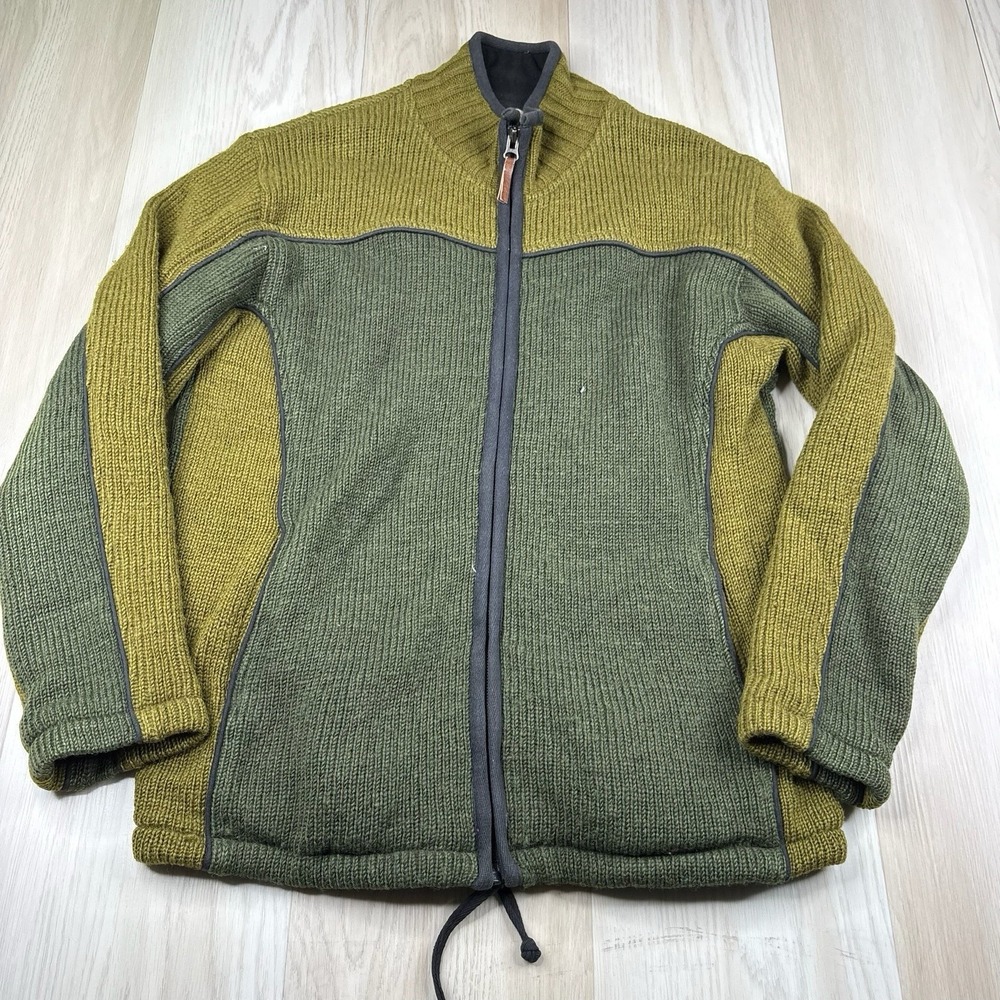 Aran Sweater Market Wool Full-Zip Jacket Warm Knit Design Green Mens Size Large